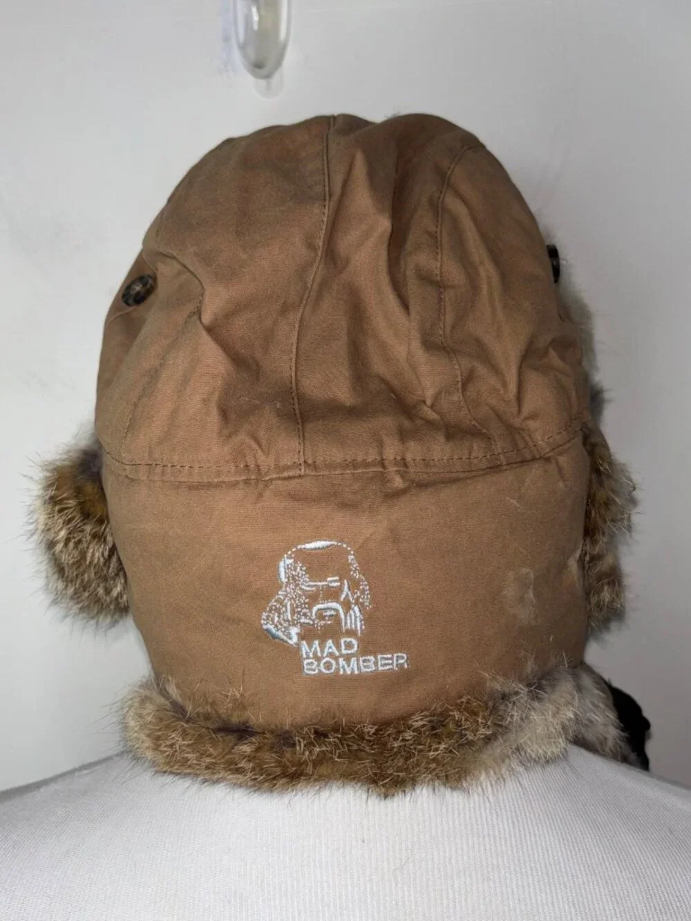 Mad Bomber Hat Trapper Waxed Cotton Mens M Khaki Tan Rabbit Fur Ear Flap Aviator